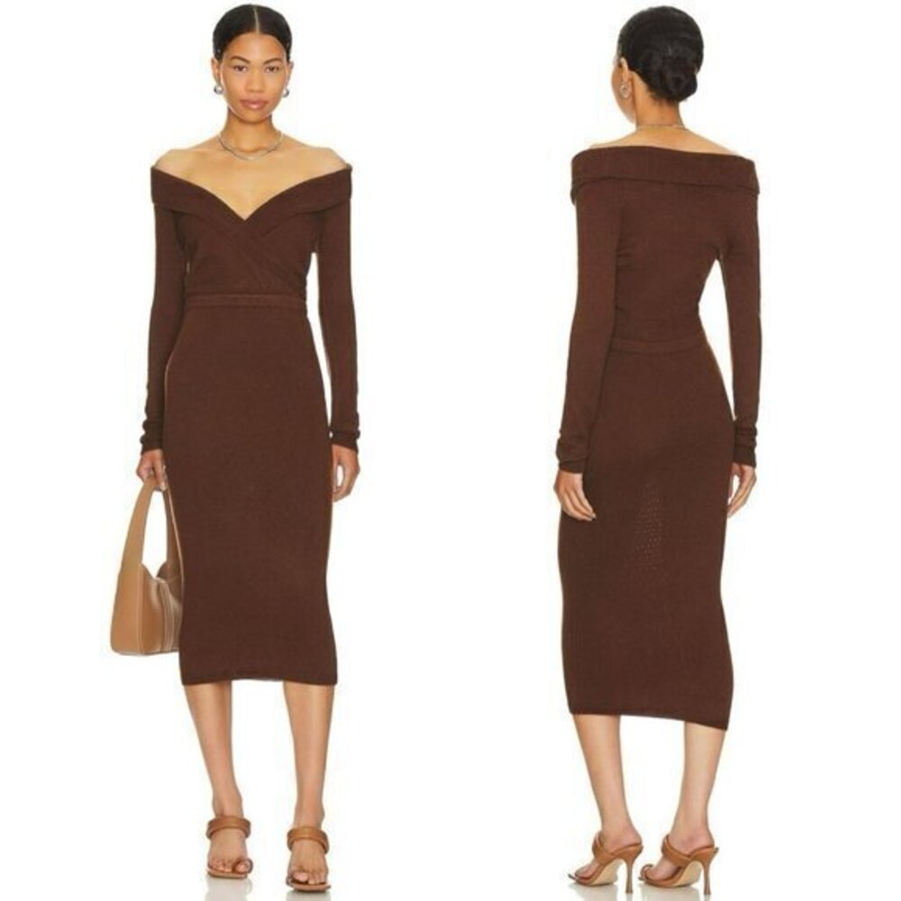 L'Academie Josephina Off Shoulder Dress in Chocolate